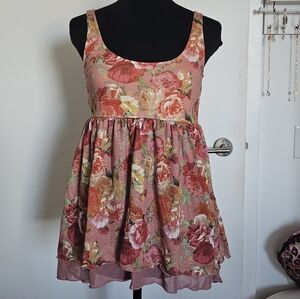 Rienda Gyaru Floral Print Sleeveless Ruffle Trim Babydoll Top